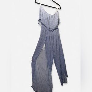 Blue and white striped strapless jumpsuit
